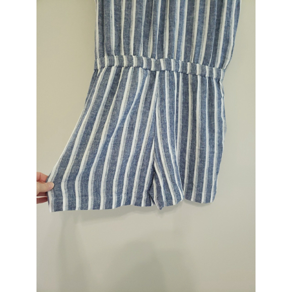 Loft NWT Shorts Romper 10 Striped Blue Linen Blend Drawstring Pockets Coastal - Picture 8 of 16